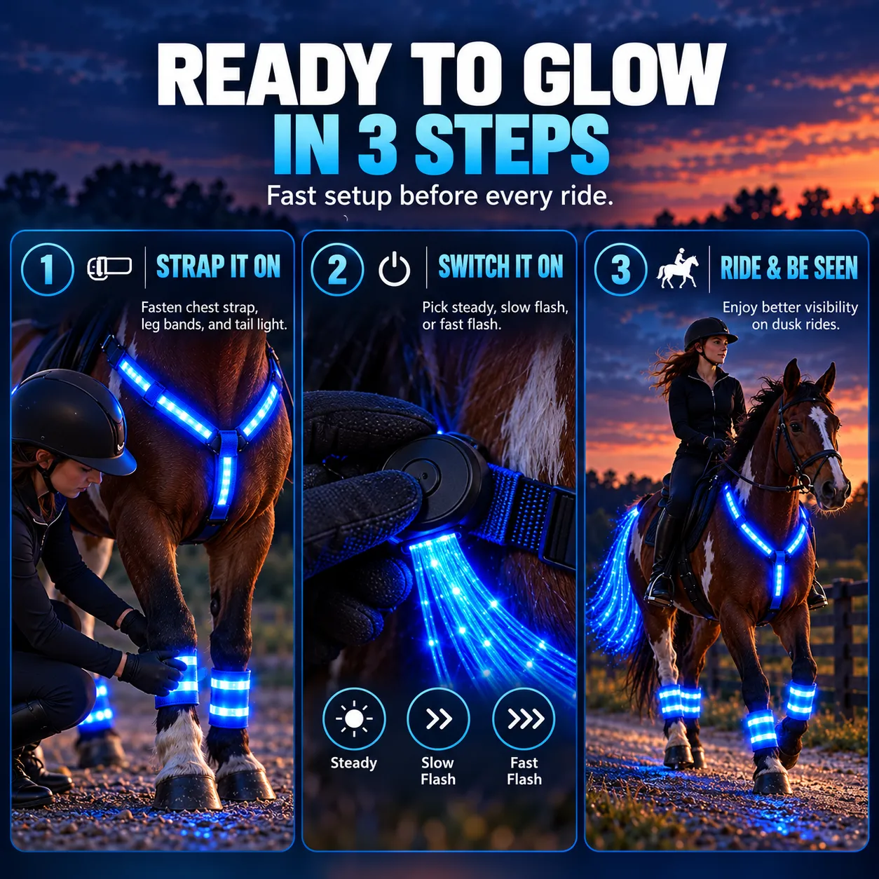 Three step setup guide for blue LED horse visibility accessories