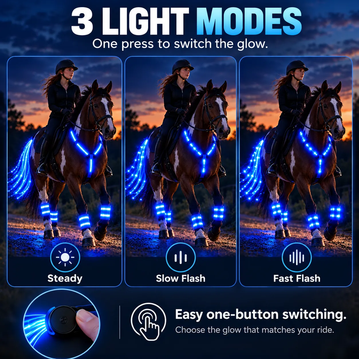 Three blue LED horse lighting settings including steady slow flash and fast flash