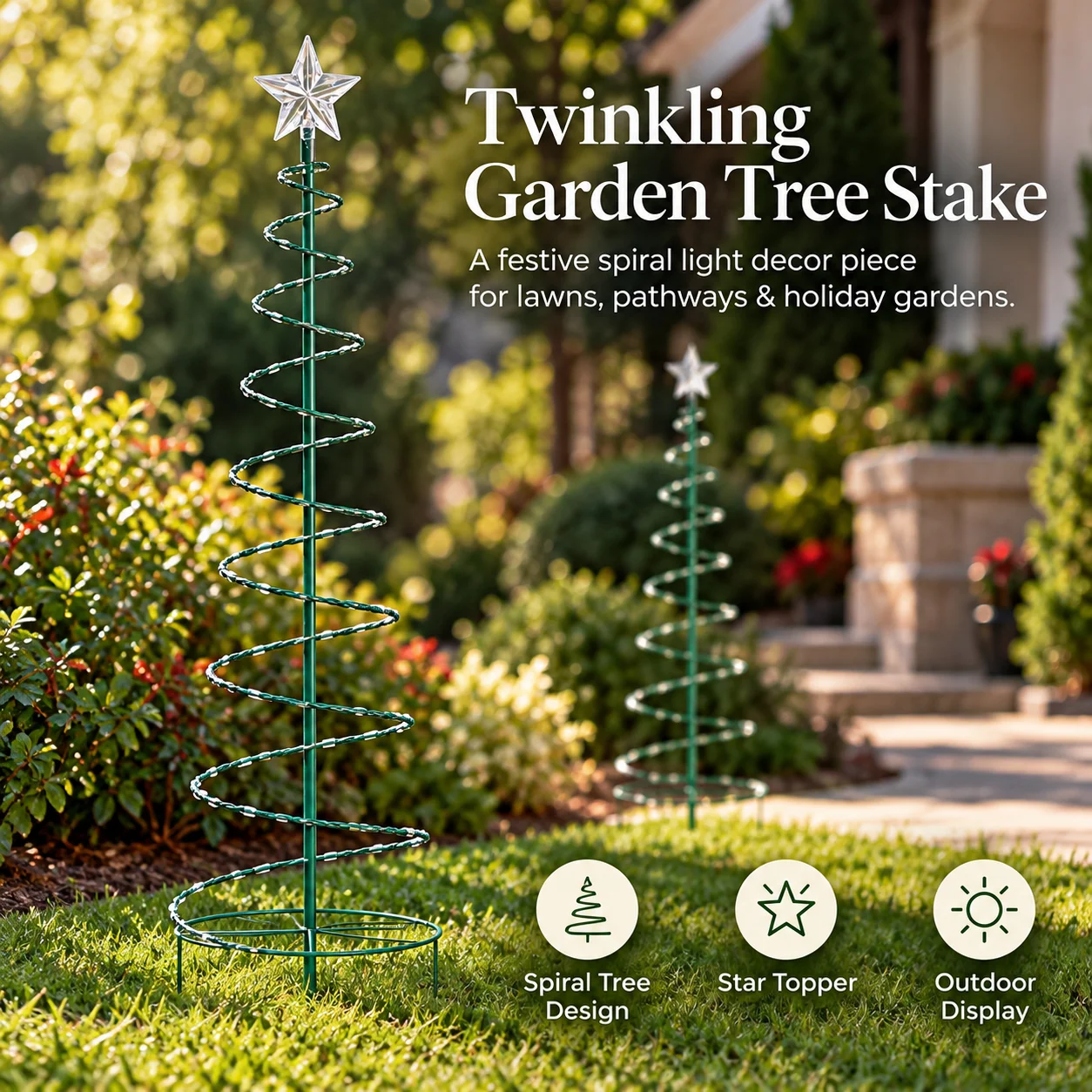 Spiral Christmas tree stakes in an outdoor flower garden and front lawn
