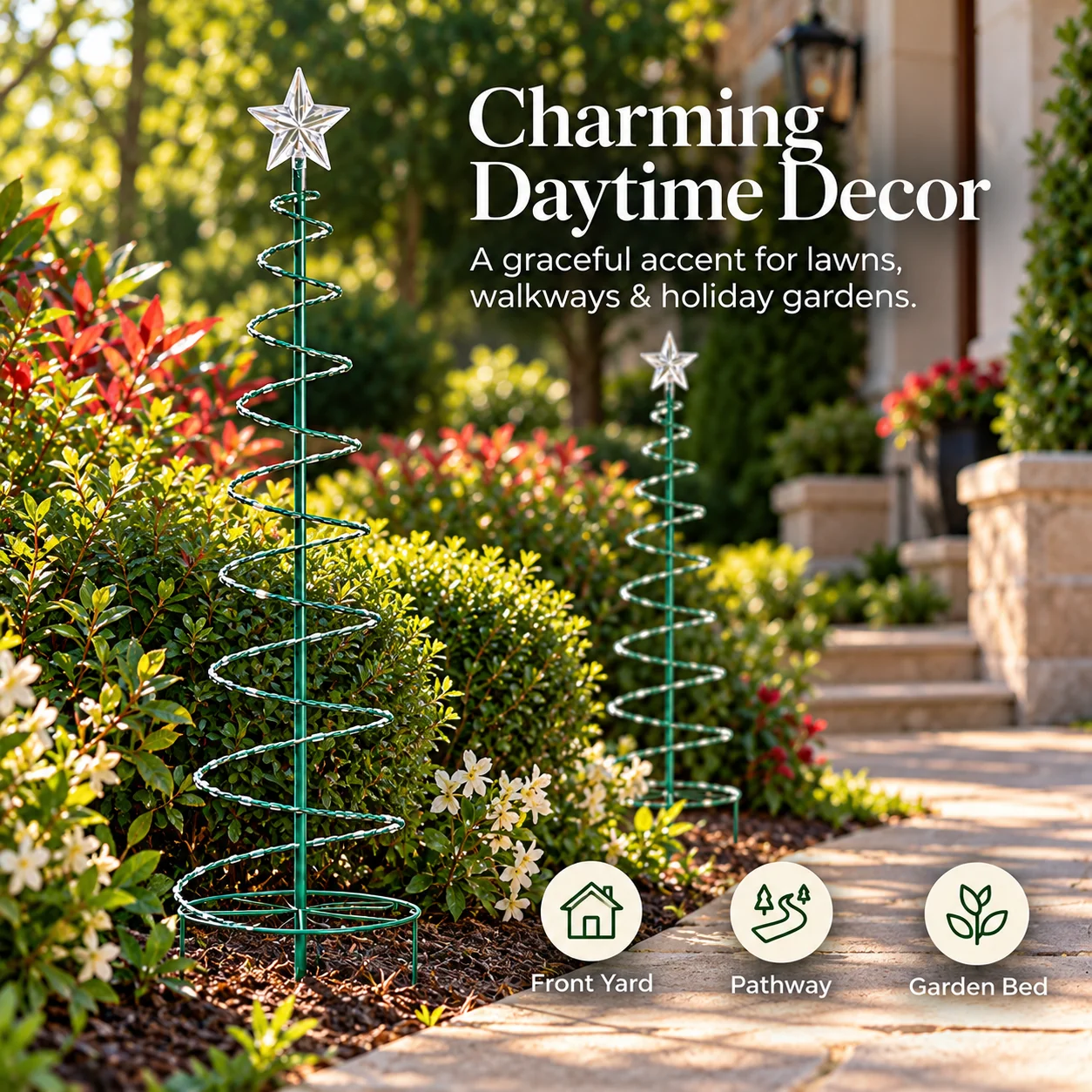Unlit spiral Christmas tree lawn decorations during daylight