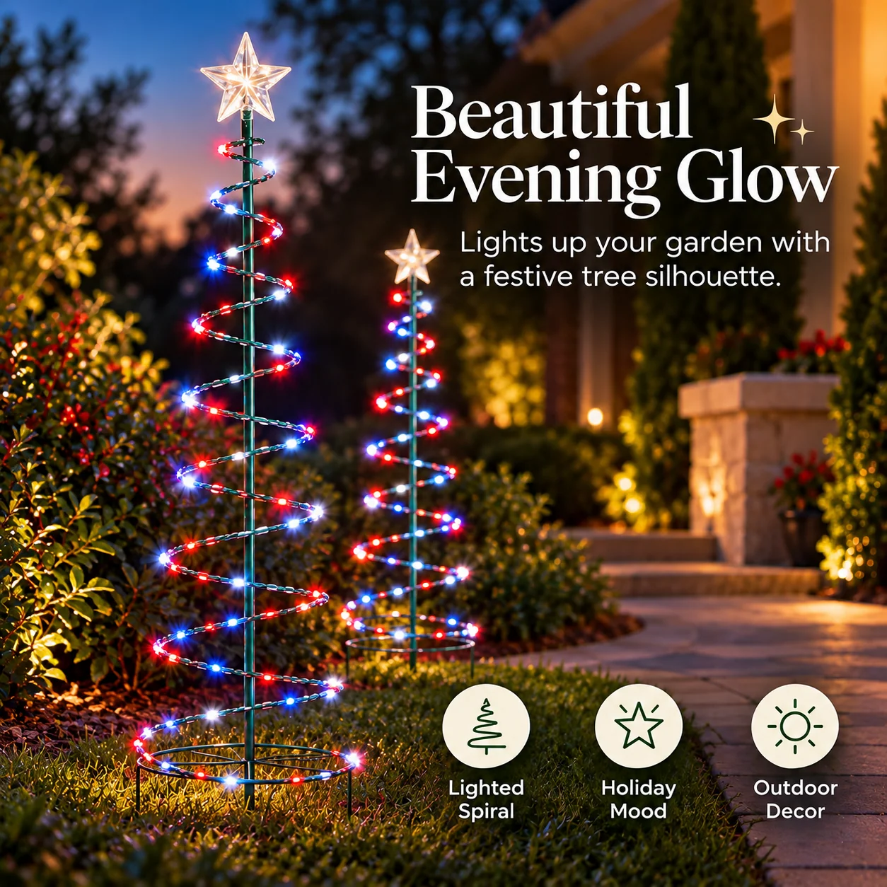 Colorful illuminated spiral Christmas tree decorations at dusk