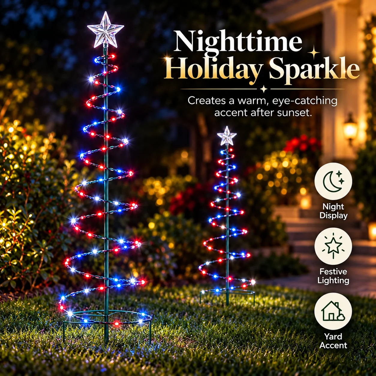 Colorful spiral Christmas trees glowing beautifully in a nighttime garden