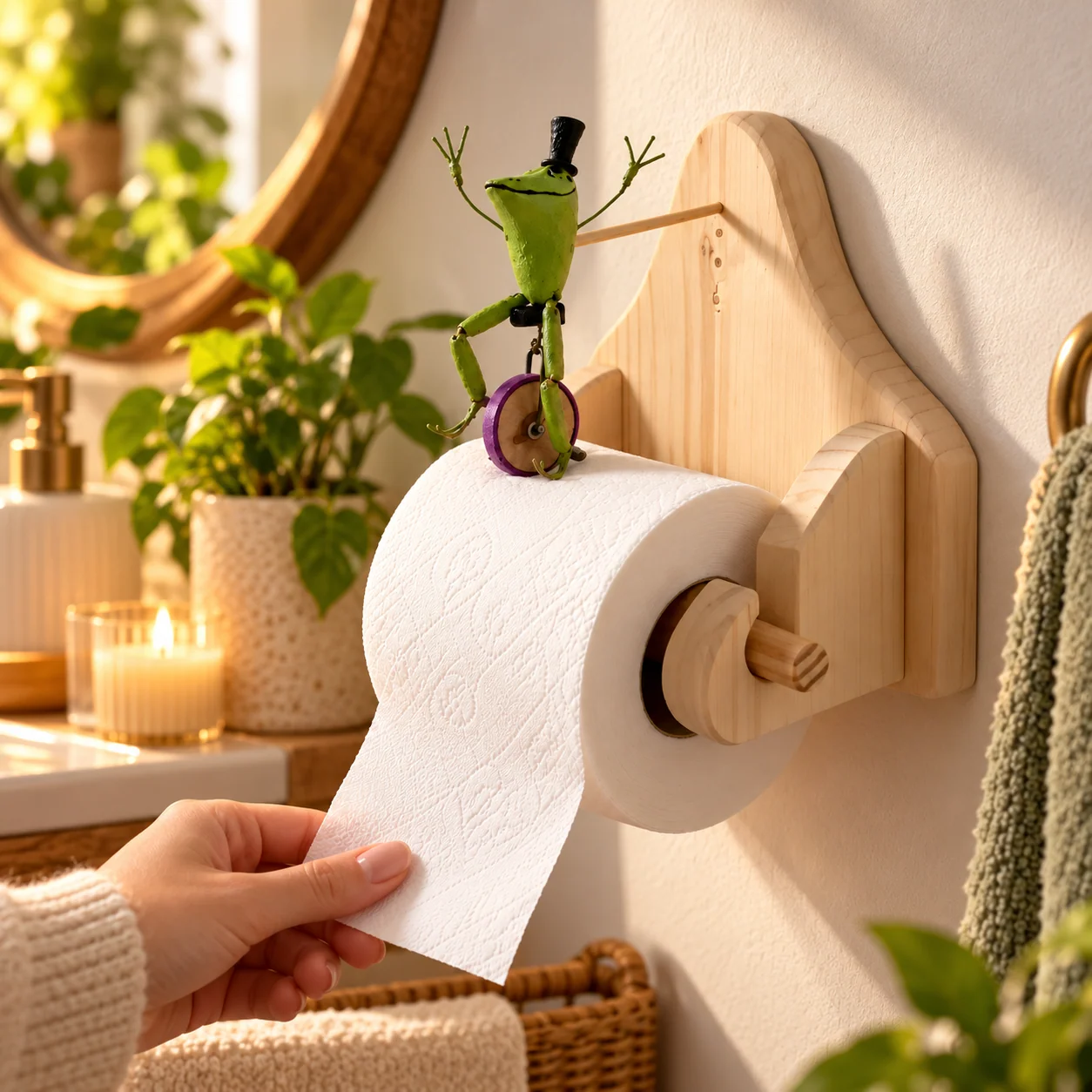 Frog character wooden toilet paper holder in a warm bathroom