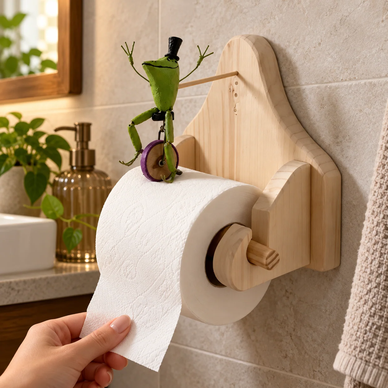 Frog style wooden toilet paper holder close-up