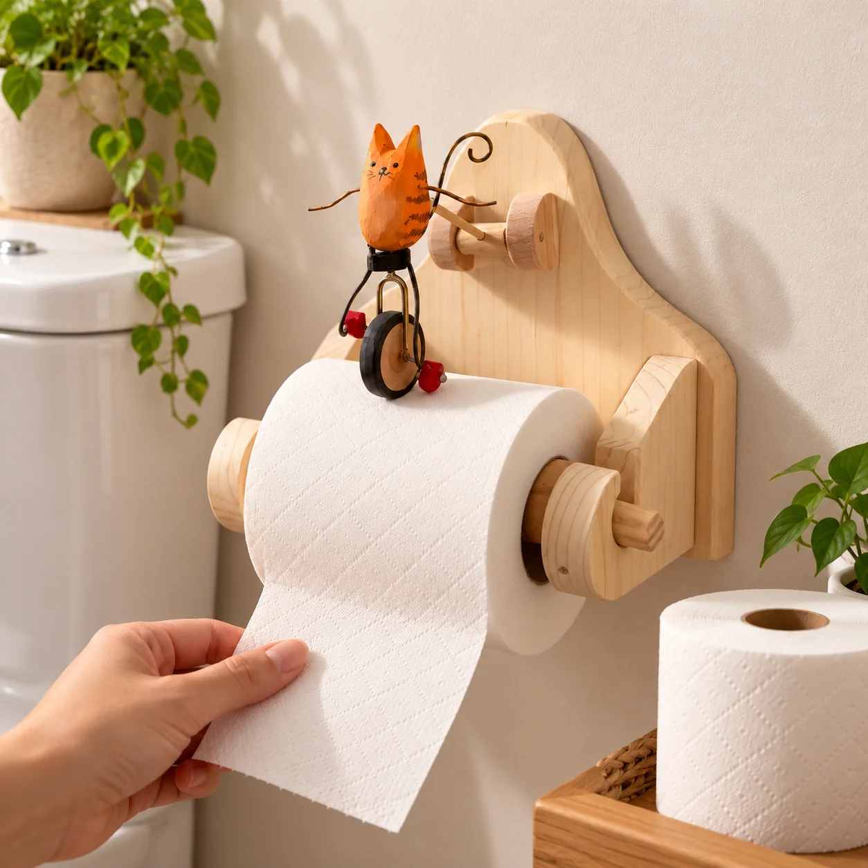 Orange cat toilet paper holder styled with plants and warm bathroom accents