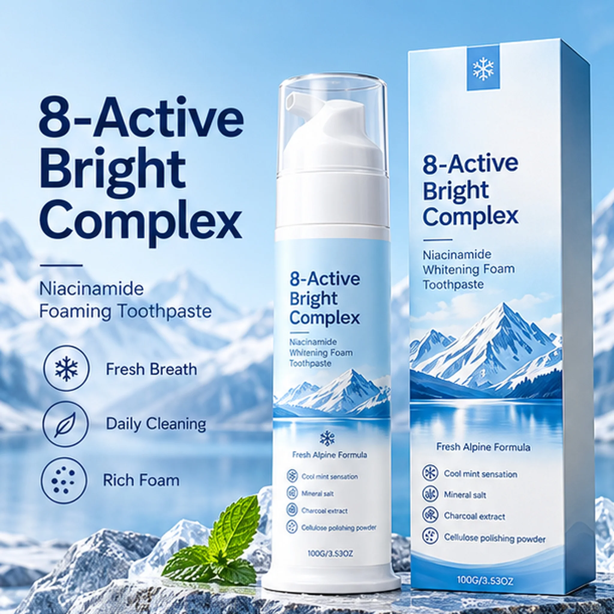 8-Active Bright Complex foam toothpaste with alpine-inspired packaging