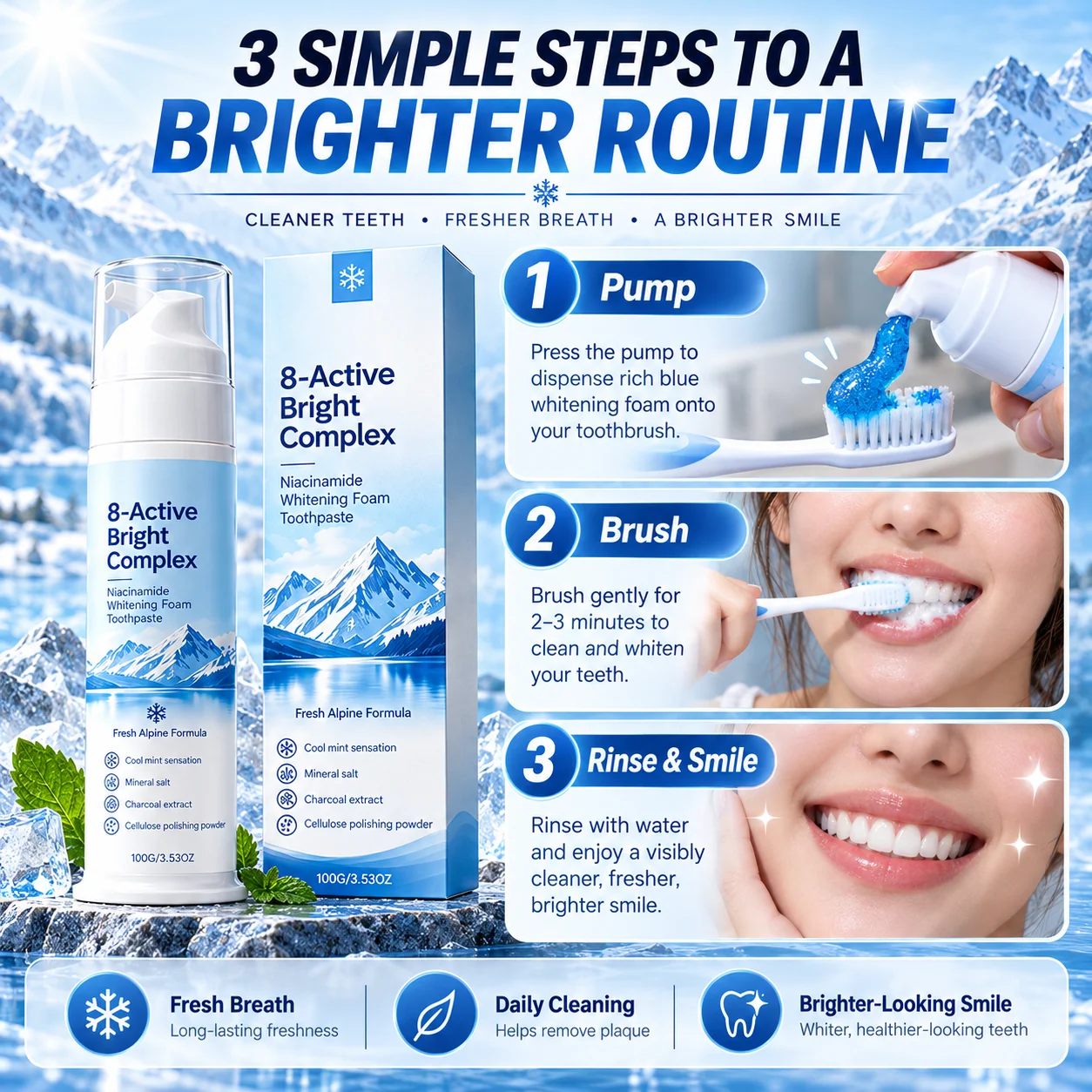 Illustrated three-step daily foam toothpaste brushing routine