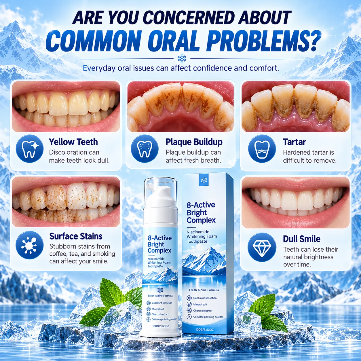 Illustrative before-and-after dental appearance concept, not actual product results