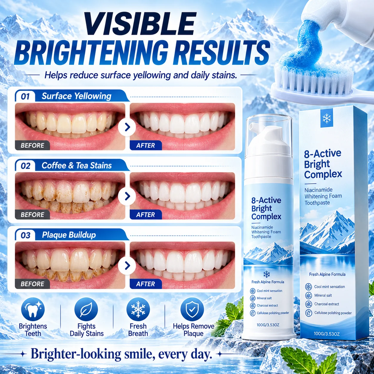 Illustrated foam toothpaste formula and brightening care concept