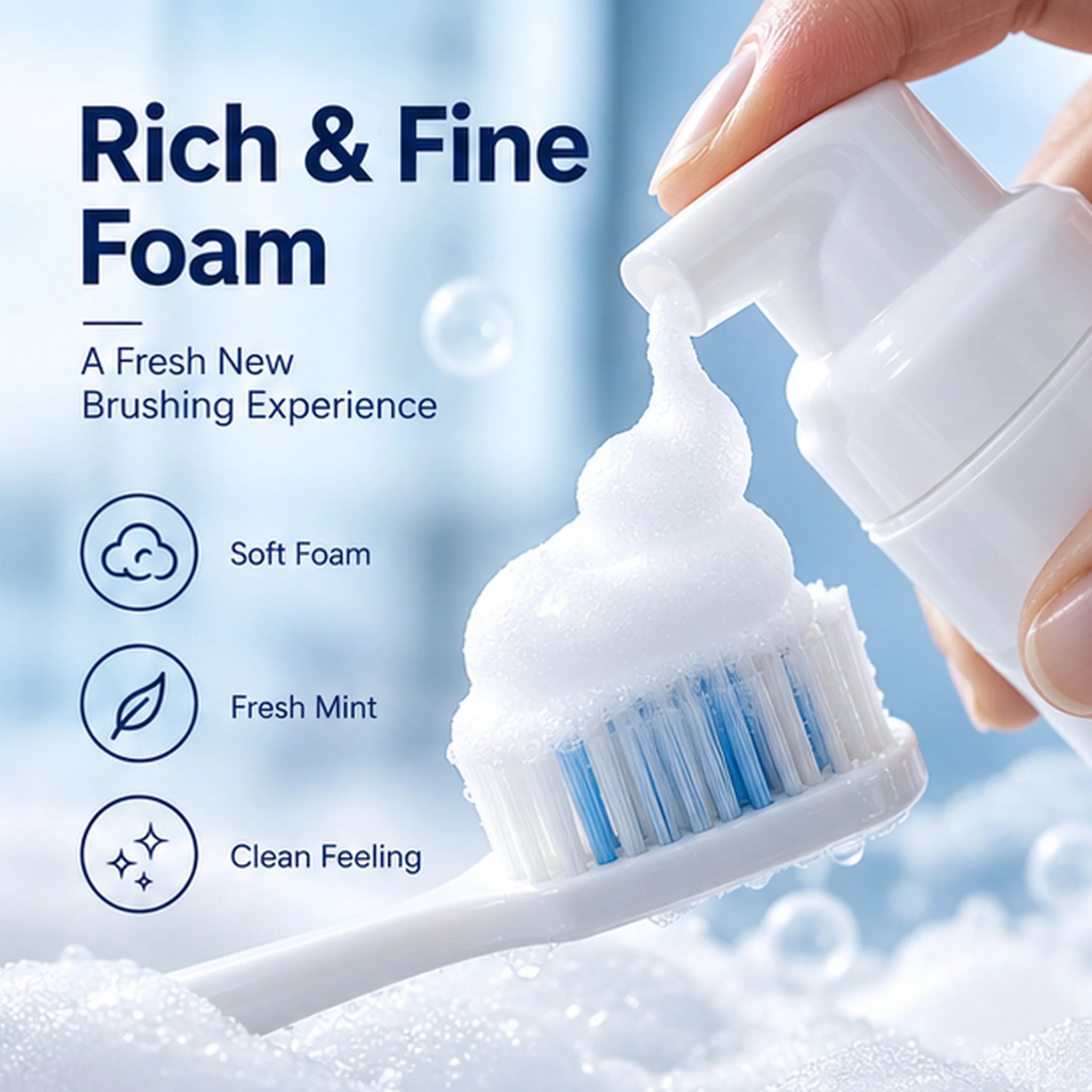 Foaming toothpaste and toothbrush illustrating a rich foam texture