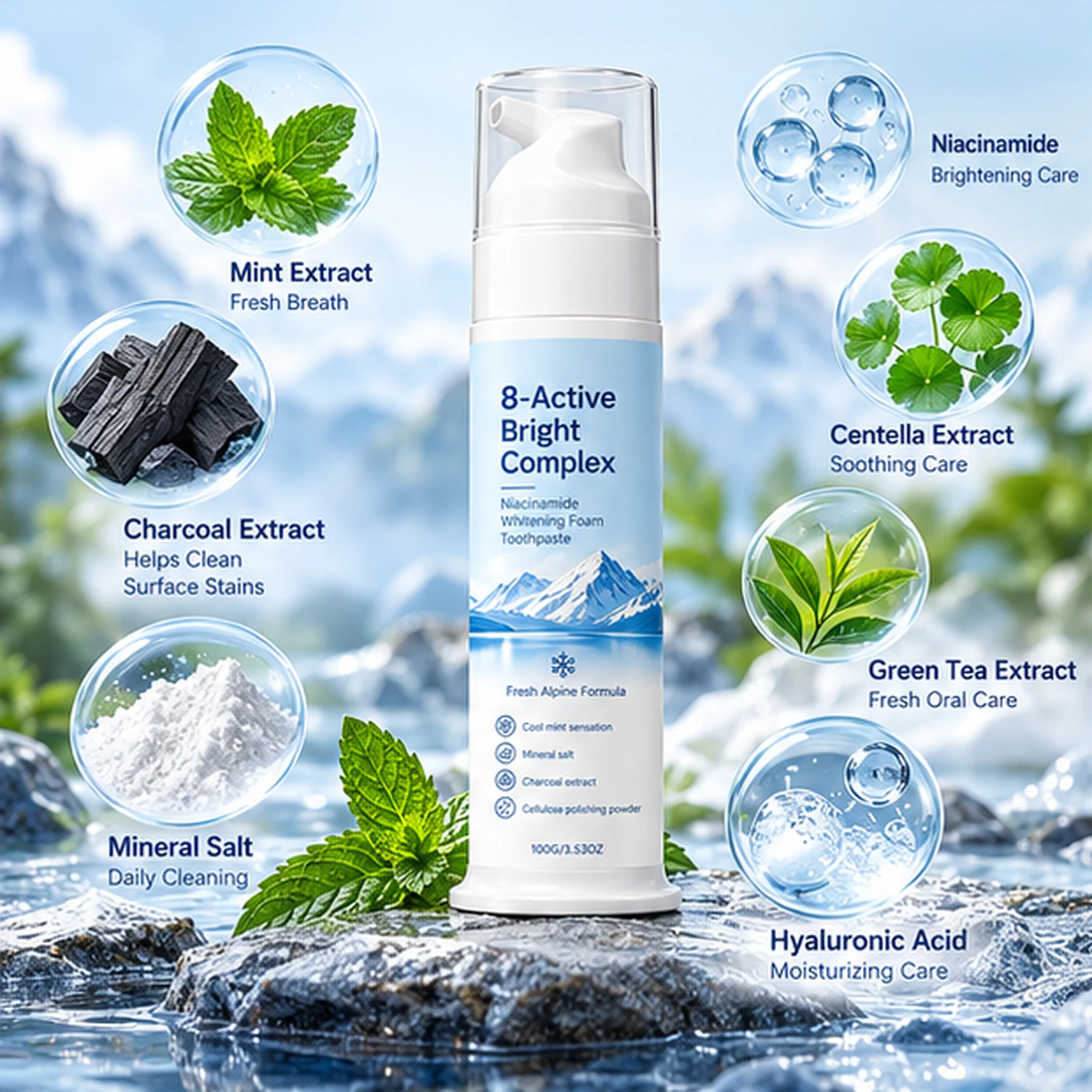 Illustrated ingredients in the 8-Active Bright Complex foam toothpaste