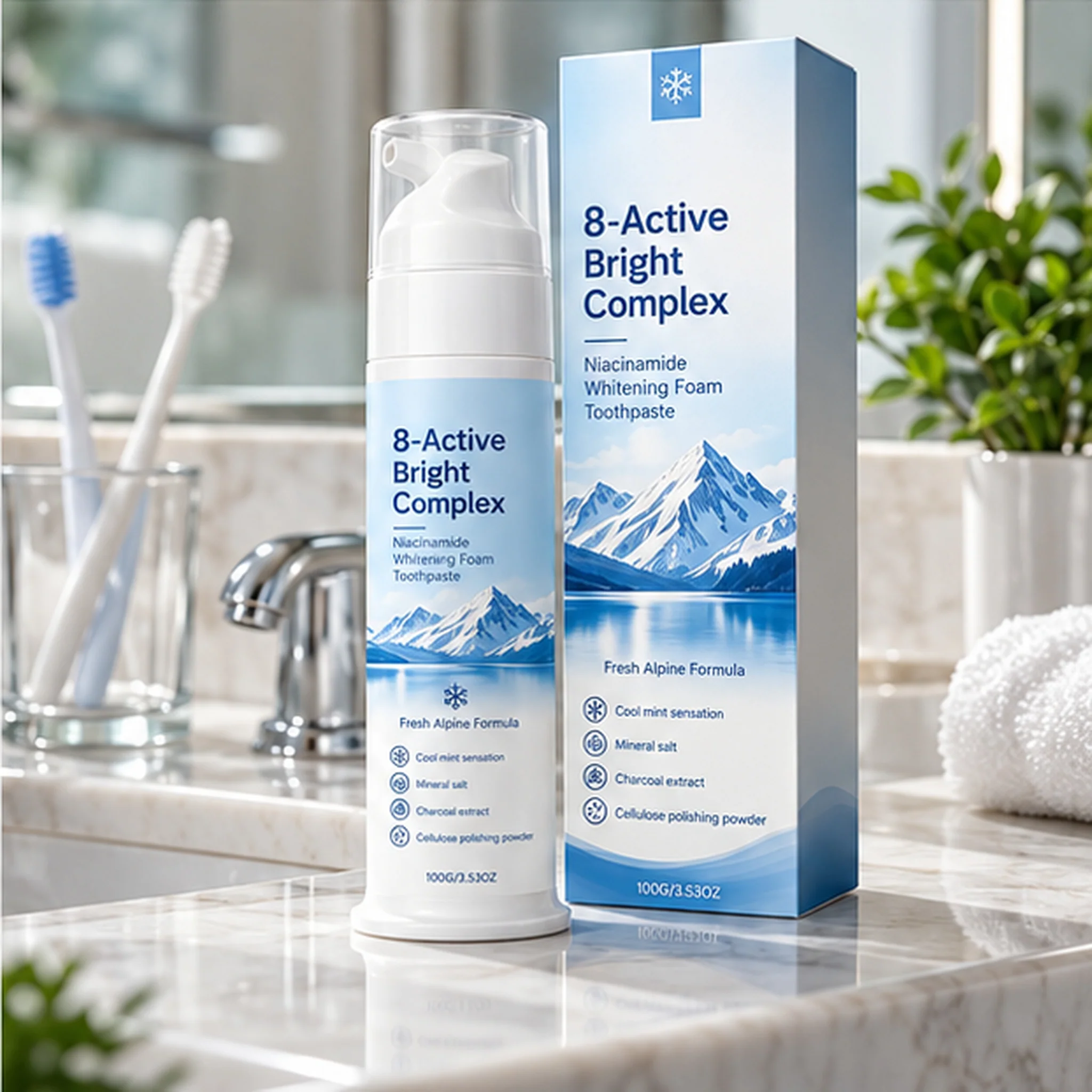 Foam toothpaste with alpine-inspired packaging in a modern bathroom