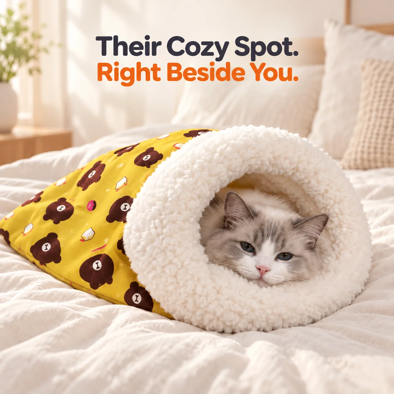 Cat enjoying a cozy sleeping bag beside the bed
