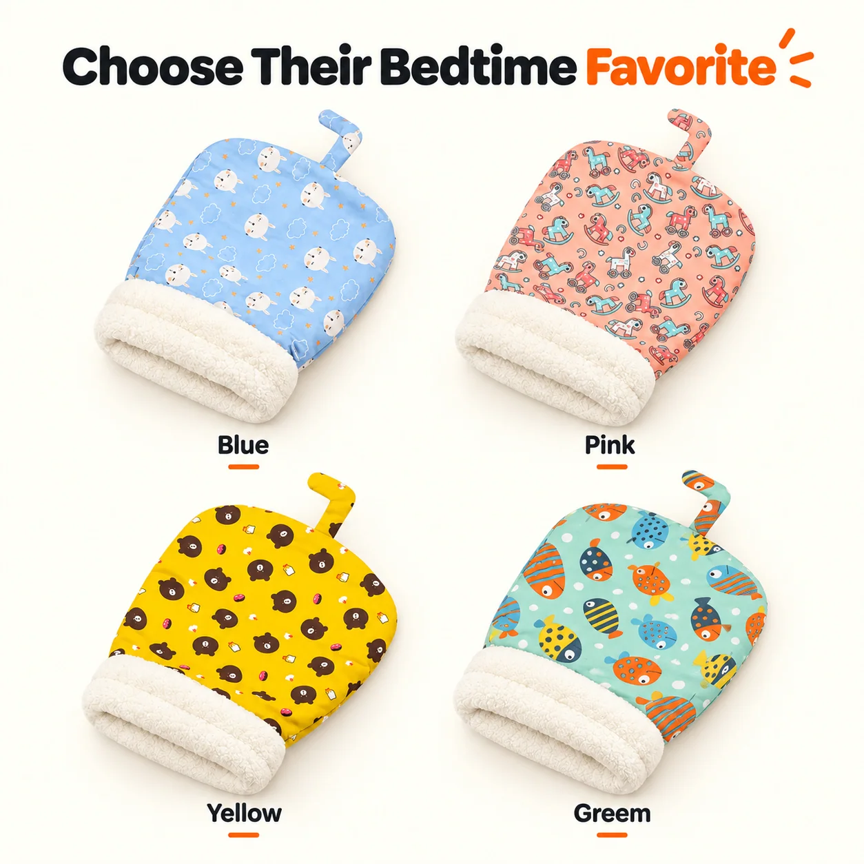 Four cat sleeping bag color options: blue, pink, yellow, and green
