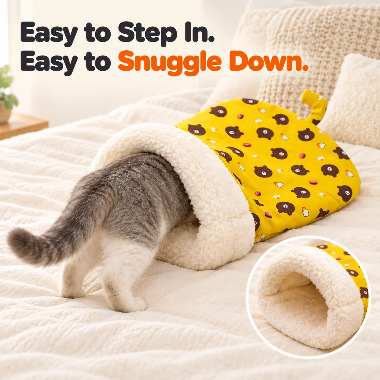 Cat easily entering the wide plush opening