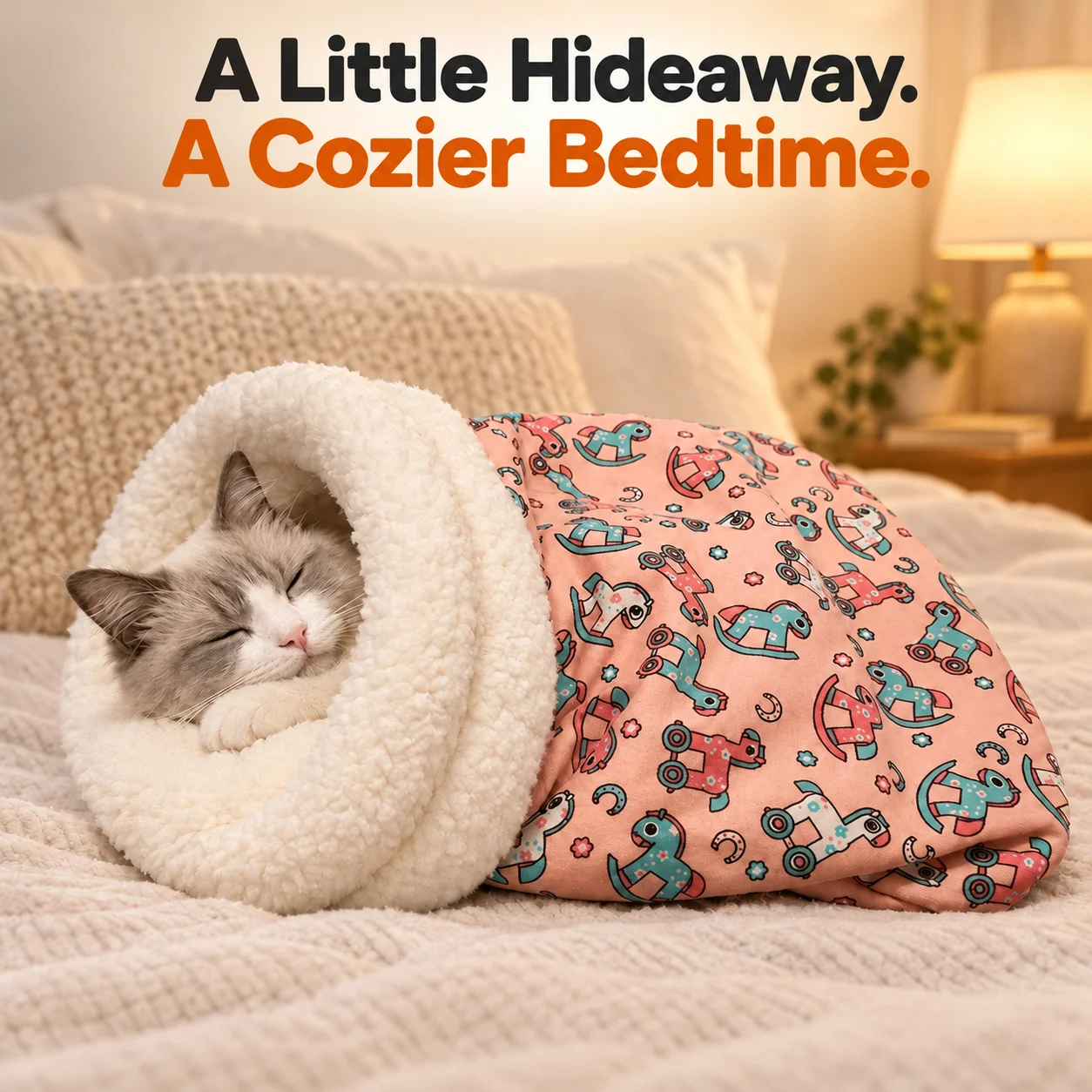 Relaxed cat sleeping inside a fluffy cat sleeping bag