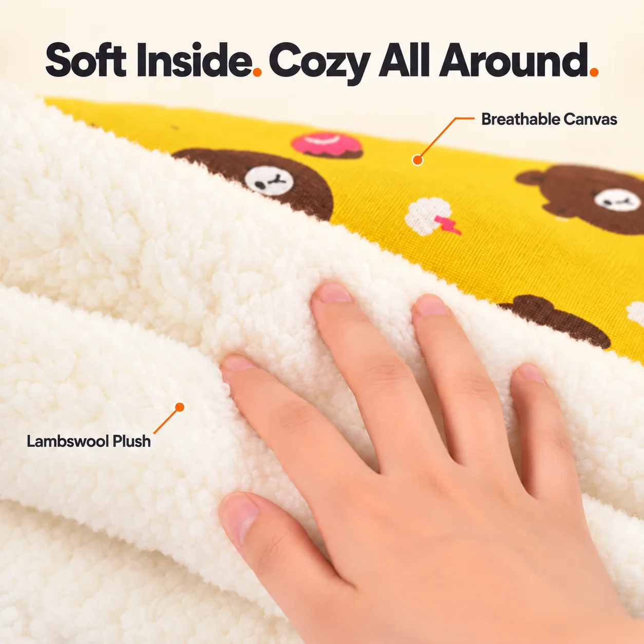 Close-up of soft plush lining and patterned outer fabric