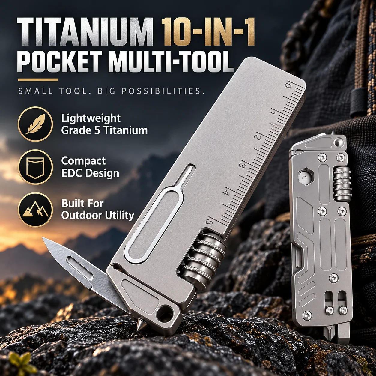 Titanium 10-in-1 pocket multi-tool for everyday carry and outdoor utility