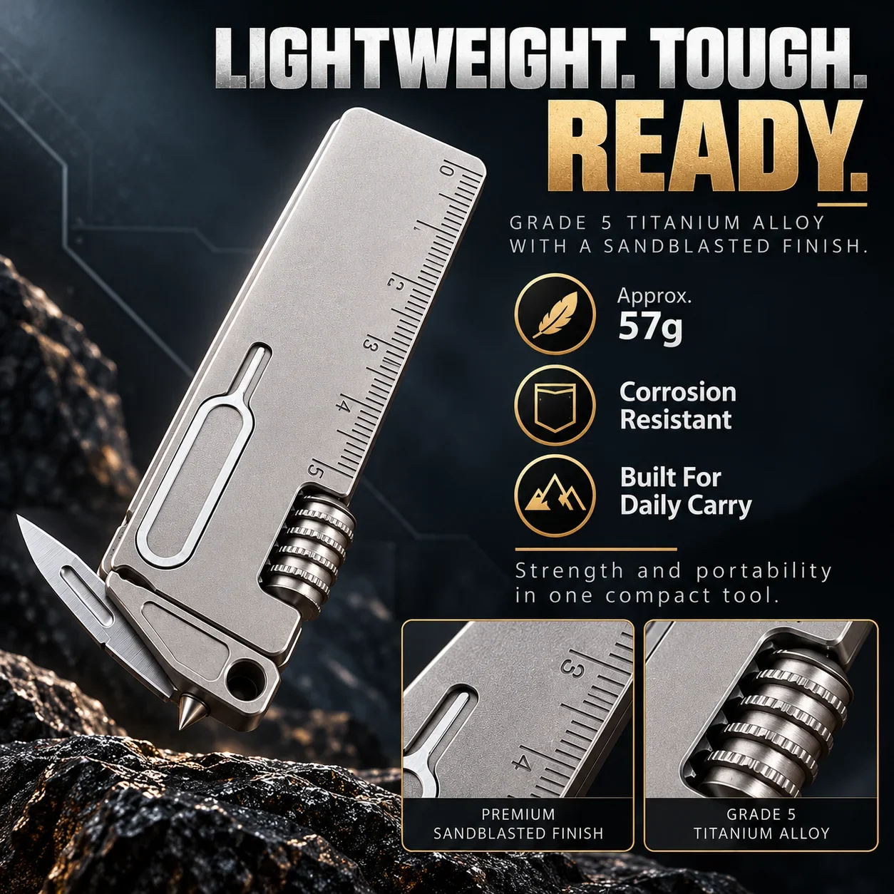 lightweight grade 5 titanium pocket multi-tool with sandblasted finish and corrosion resistant design