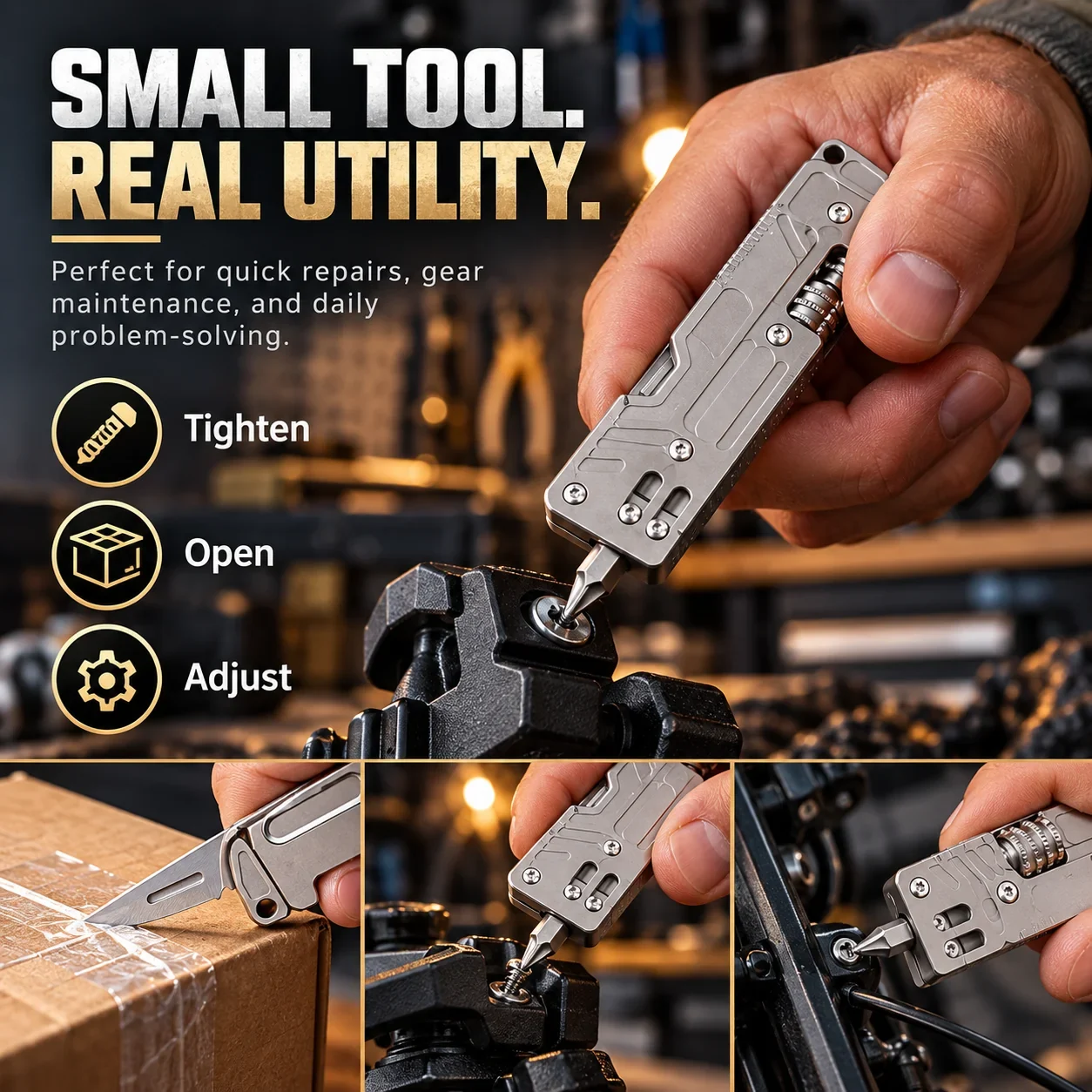 small titanium multi-tool for quick repairs gear maintenance tightening opening and adjusting