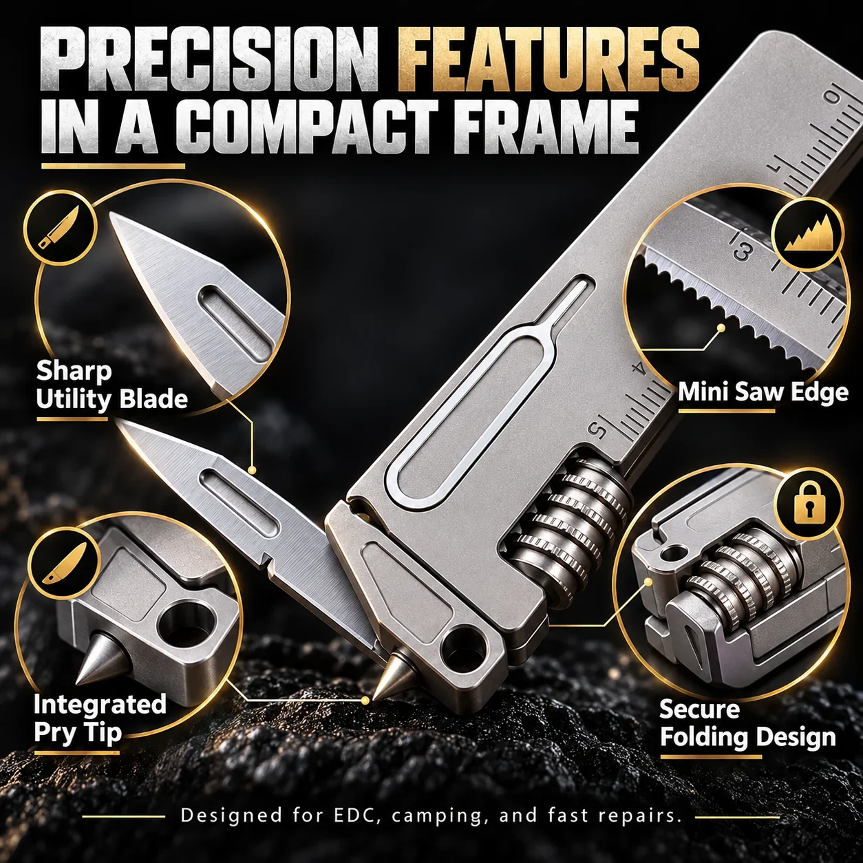 precision features in a compact titanium multi-tool frame with blade mini saw pry tip and folding design