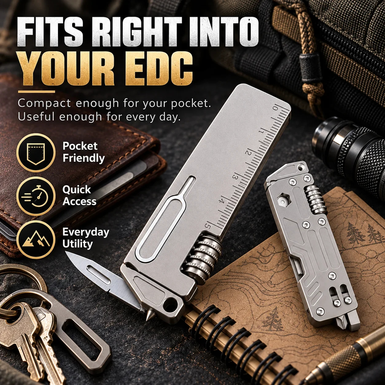 compact titanium EDC multi-tool fits into everyday carry setup with pocket friendly quick access design