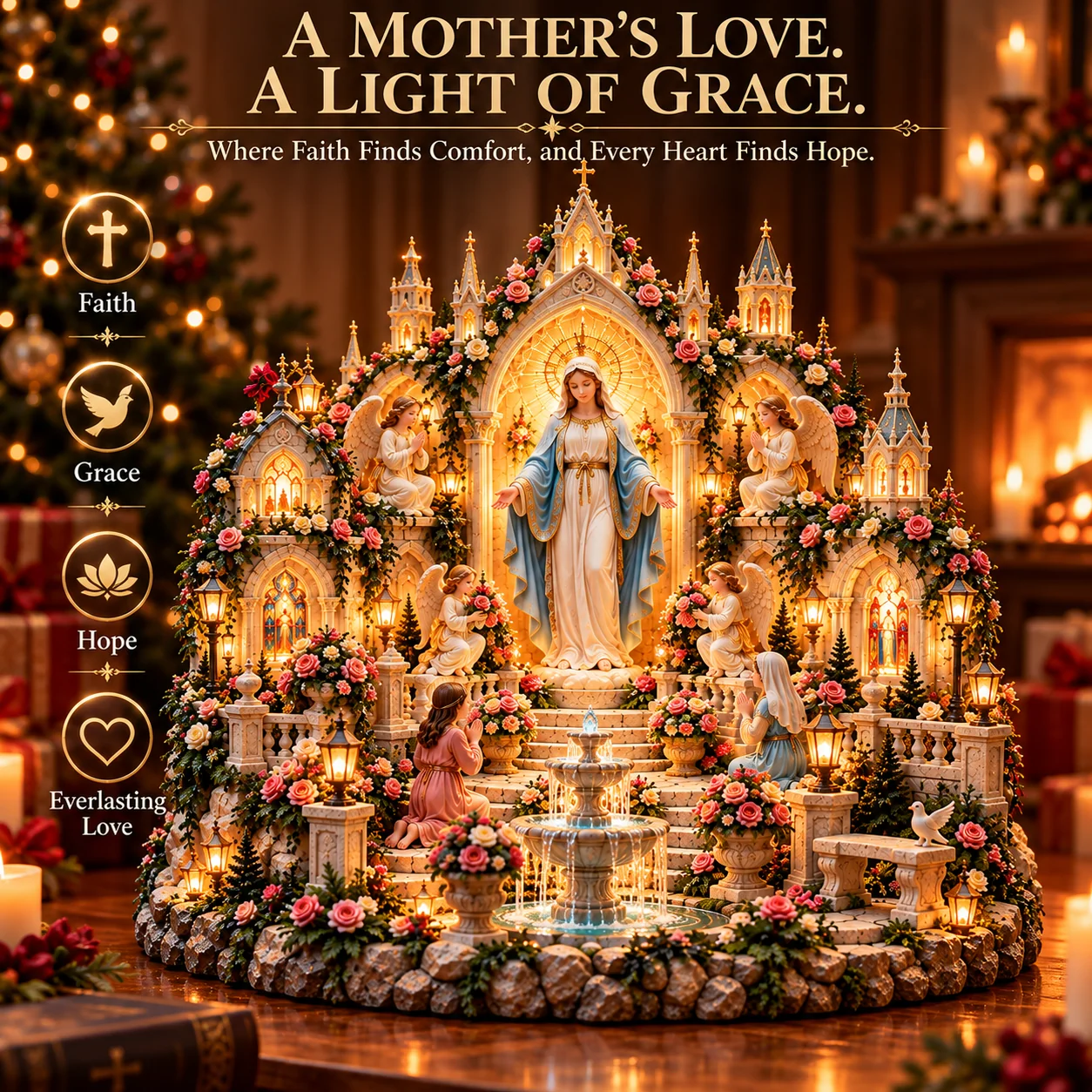 Blessed Mother Mary rose sanctuary with praying angels