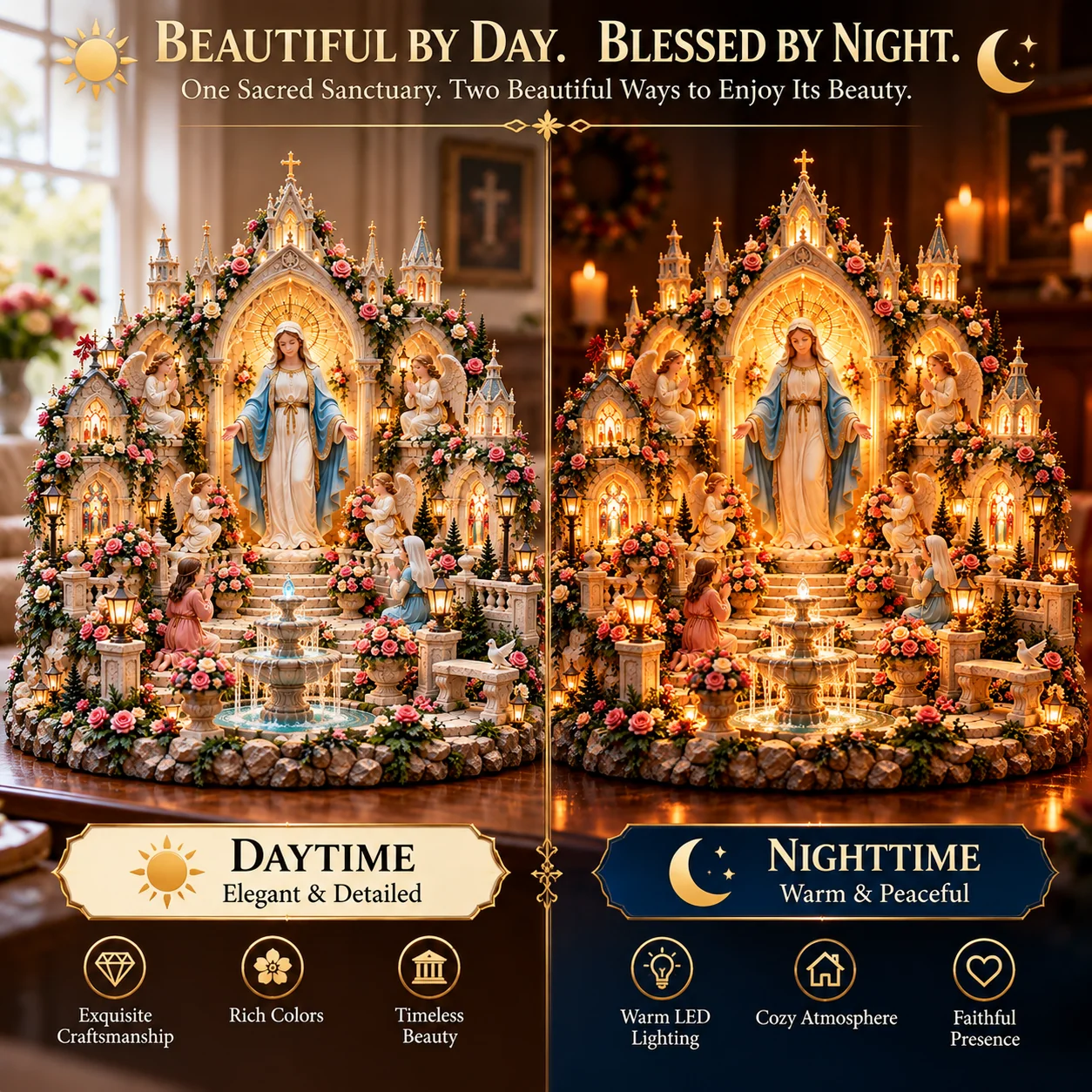 Virgin Mary sanctuary daytime and nighttime lighting comparison