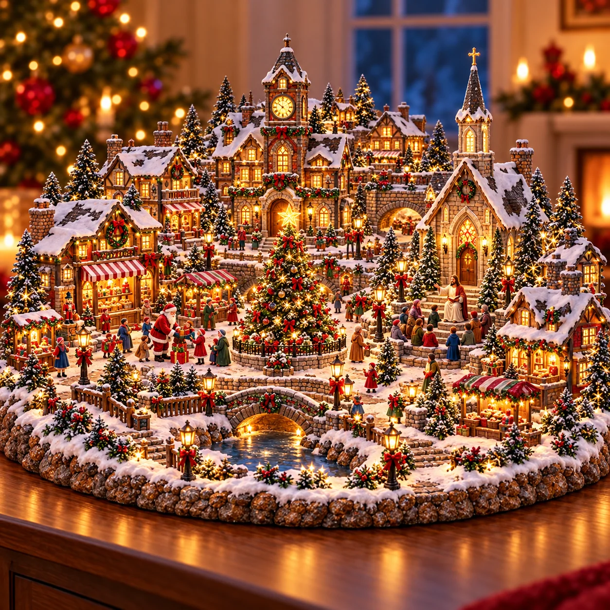 Santa Claus and Jesus in a lighted Christmas village