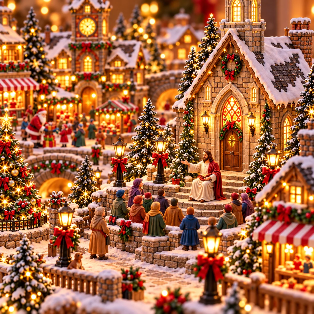 Lighted Christmas village with a warm holiday glow