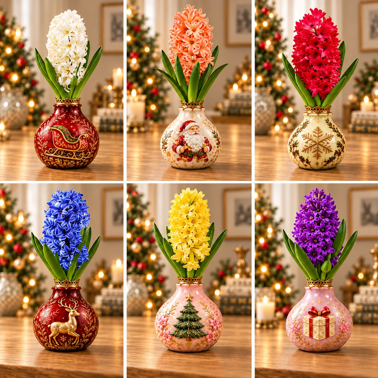 Six colorful hyacinth flower display examples