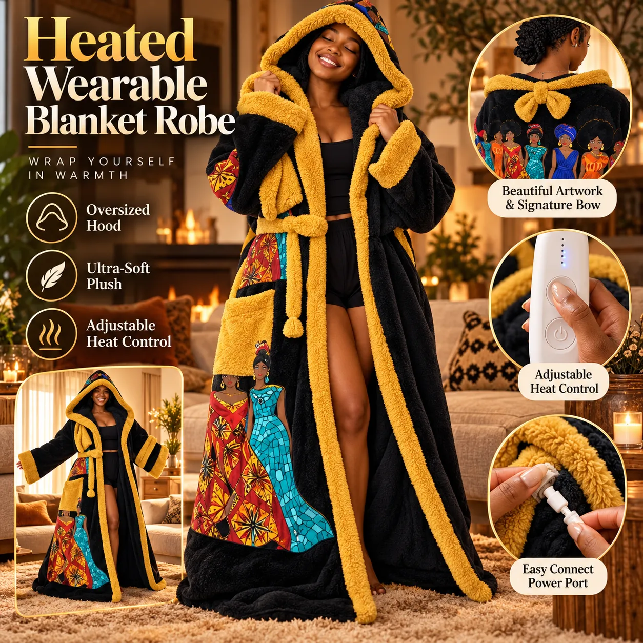 Heated blanket robe artwork and bow design