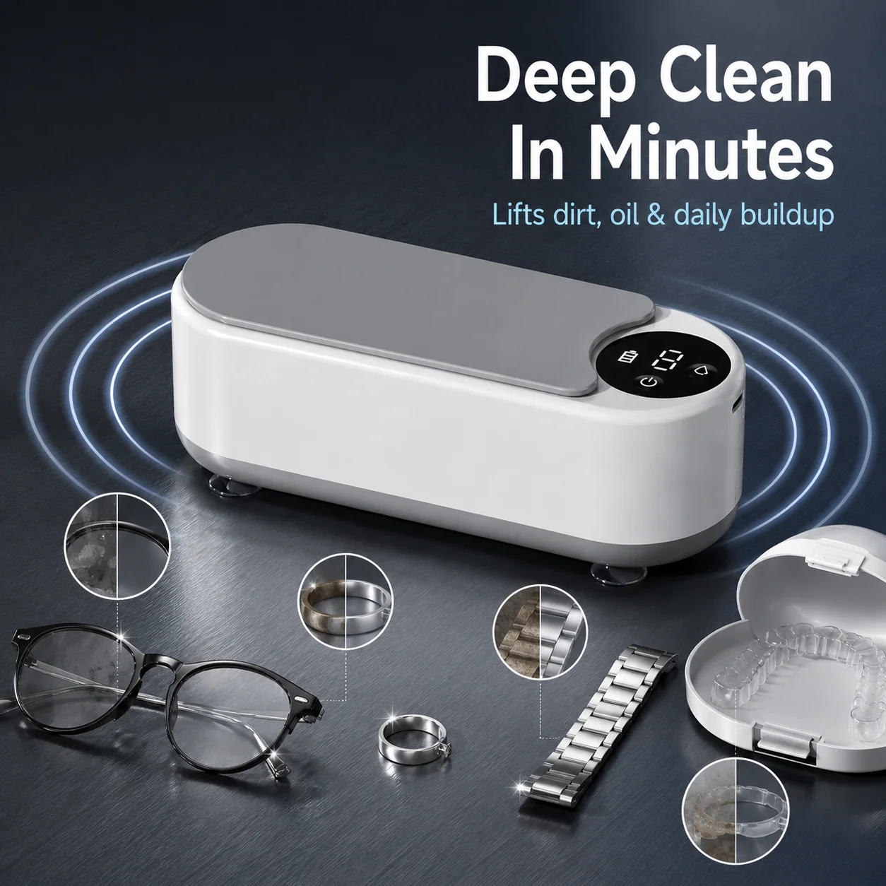Cleaning results for glasses, jewelry, watch bands and retainers
