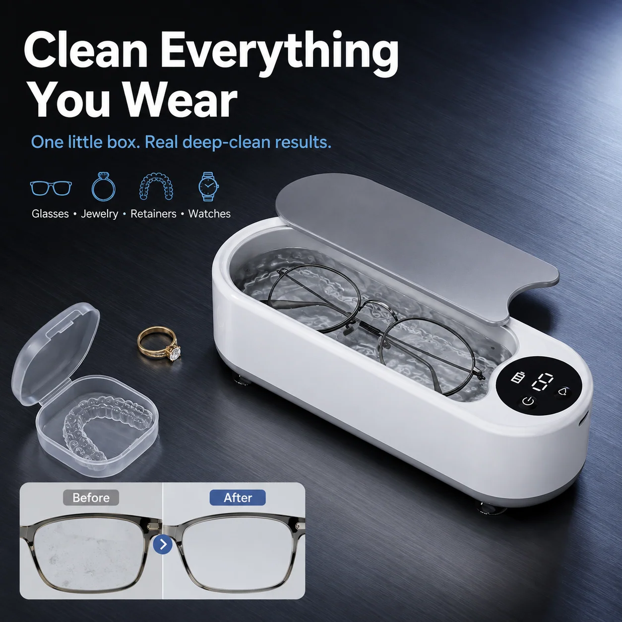 High-frequency cleaning box for glasses, jewelry and retainers