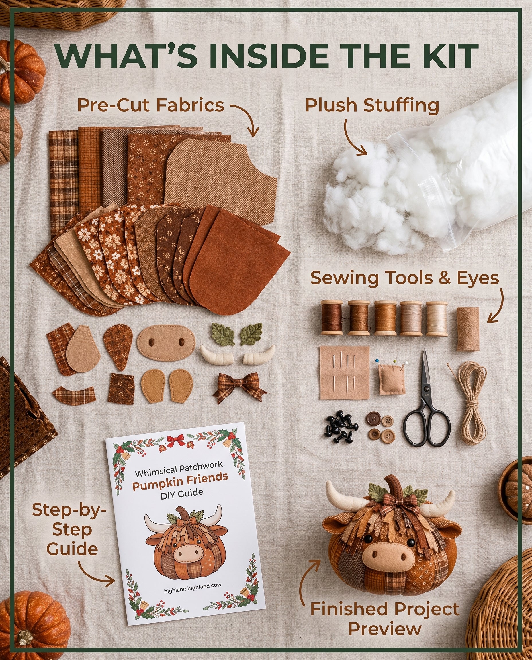 Six pumpkin animal DIY sewing kits displayed together in warm autumn setting