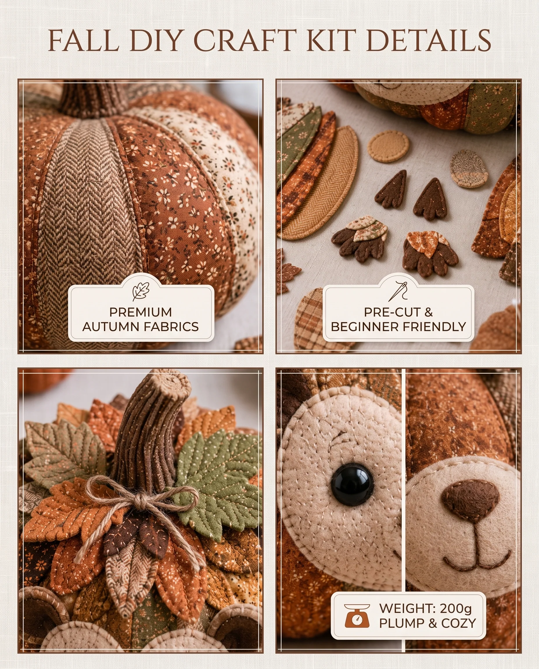 Kit contents laid out flat — fabric pieces, stuffing, thread, safety eyes and instruction guide