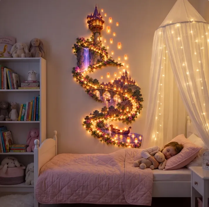 Castle lights glowing beside a child's bed