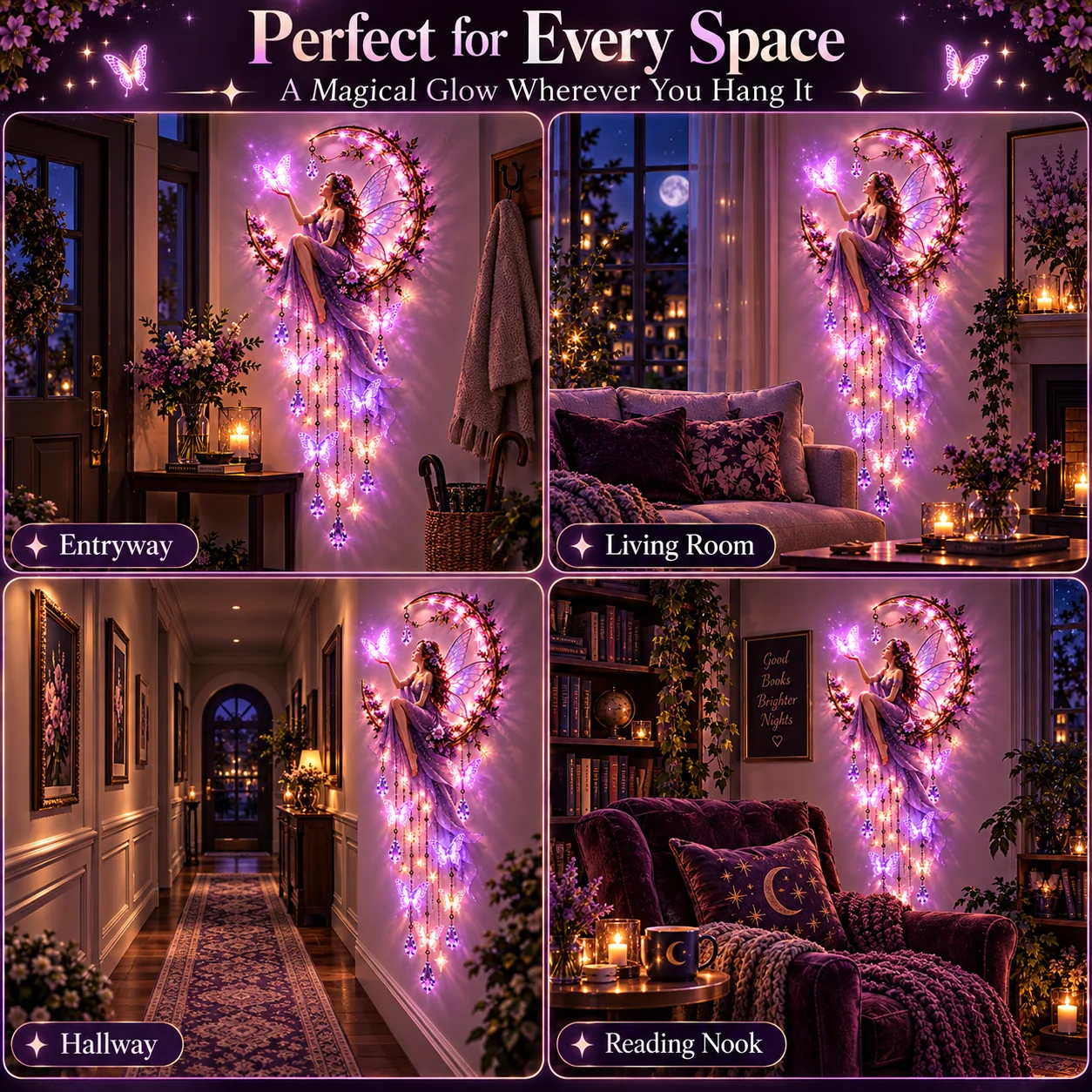 Butterfly Moon wall decor styled in an entryway living room hallway and reading nook
