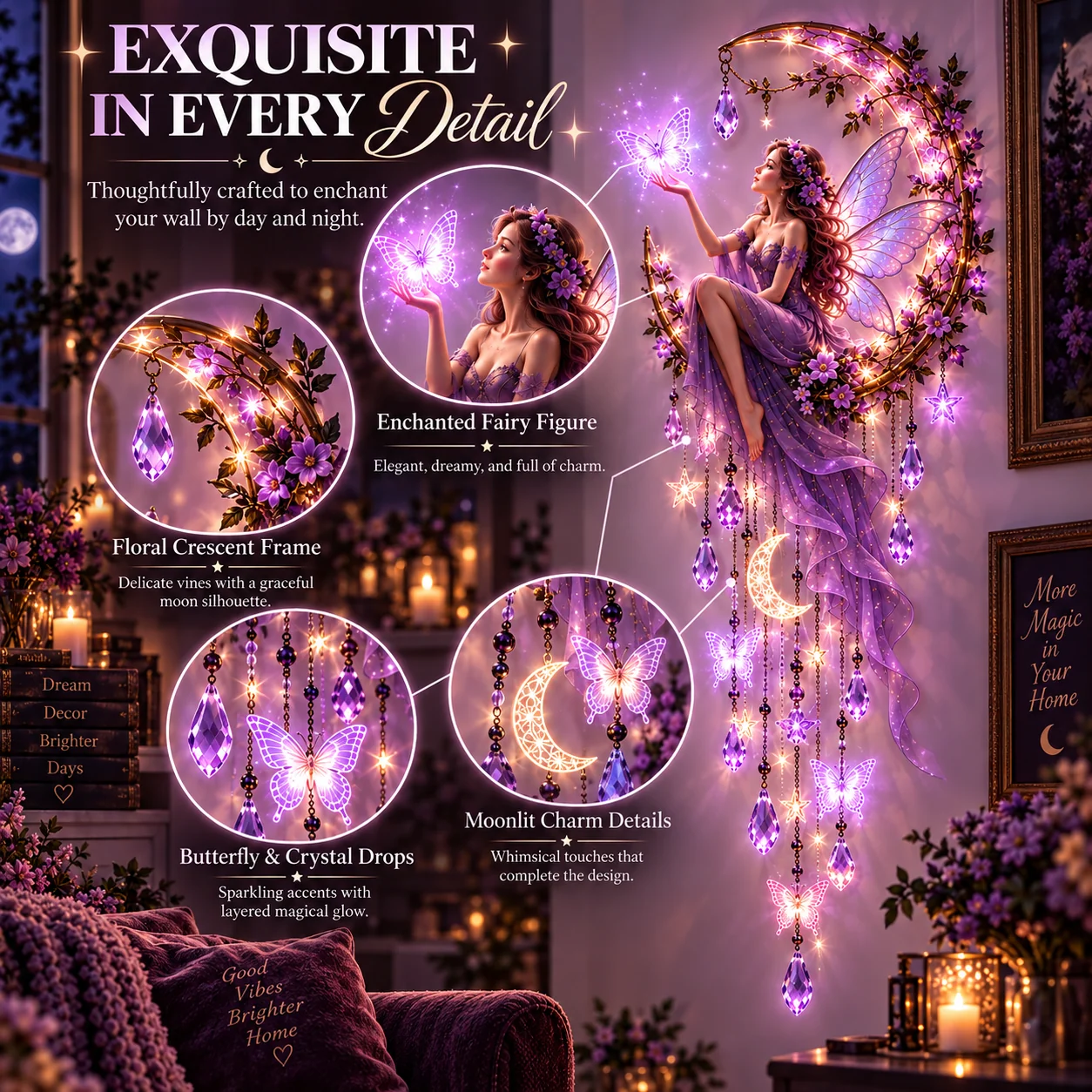 Close-up of the fairy figure floral crescent moon butterflies and crystal drop details
