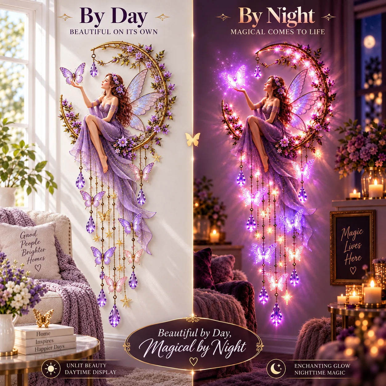 Side-by-side daytime and nighttime appearance of the butterfly fairy crescent wall decor