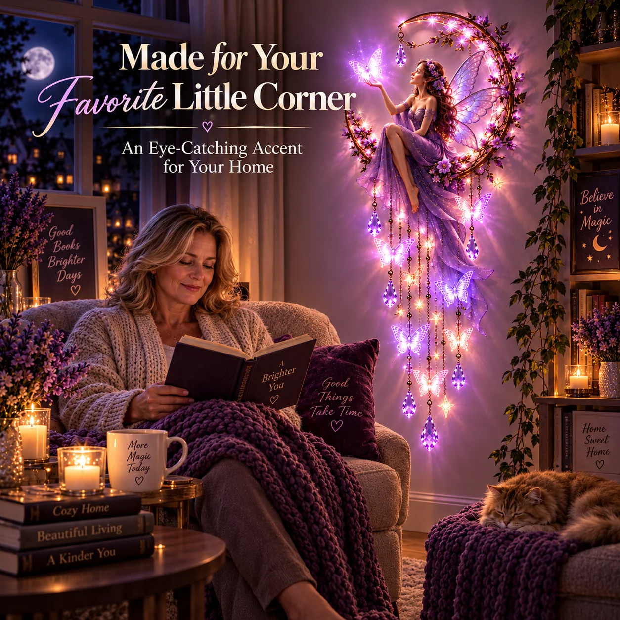 Cozy reading corner with a woman seated beside illuminated Butterfly Moon wall decor