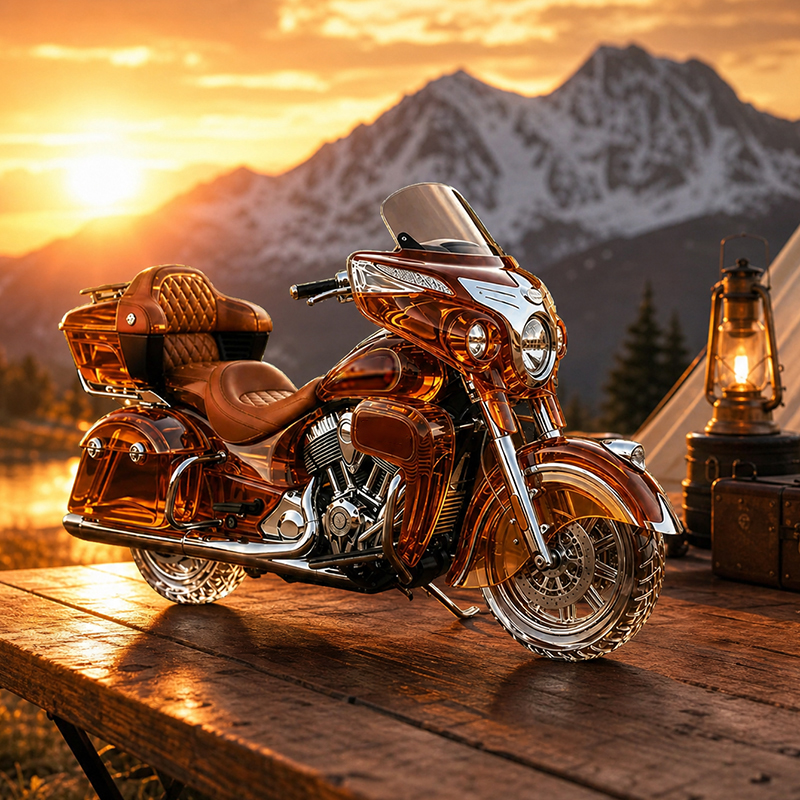 Classic touring motorcycle shaped glass whiskey decanter photographed at sunset