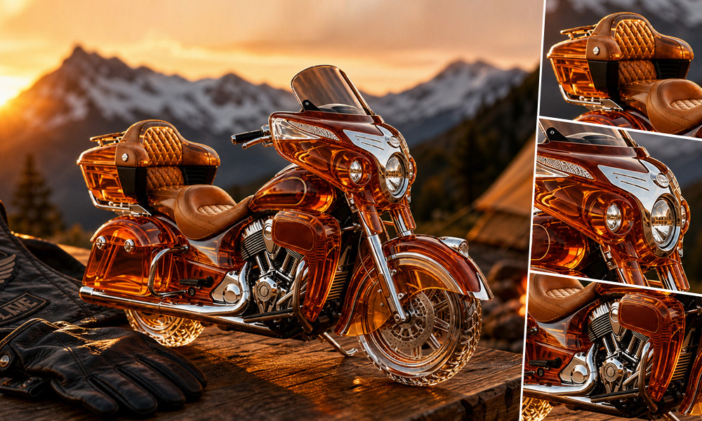 Motorcycle decanter with close-up views of the engine fairing rear storage and glass wheel detailing