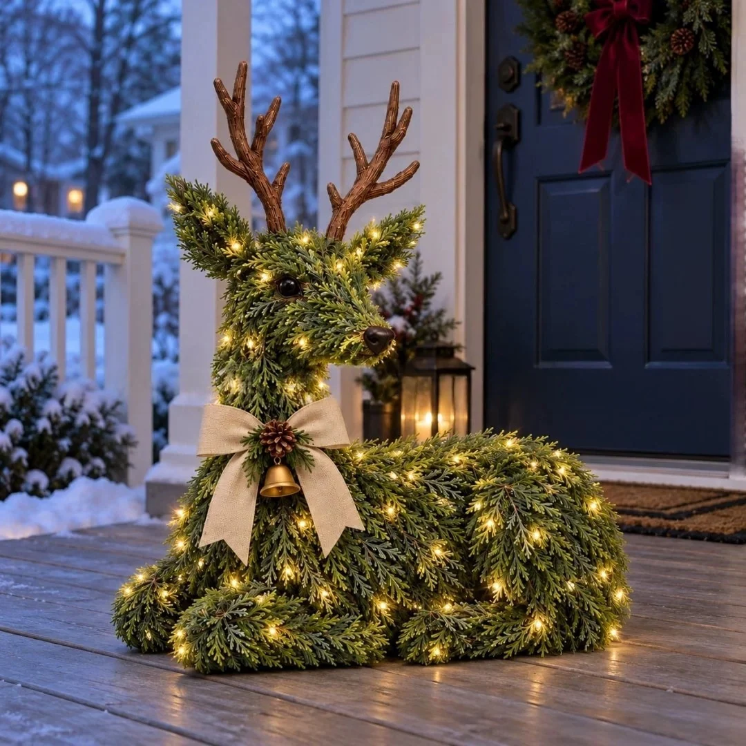 Evergreen-style resting Christmas reindeer with antlers and cream bow
