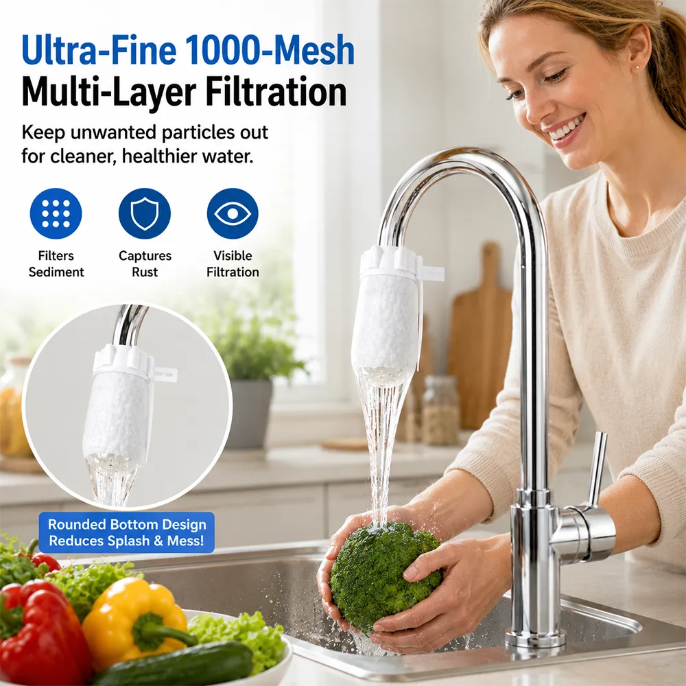 Cotton faucet filter capturing visible sediment