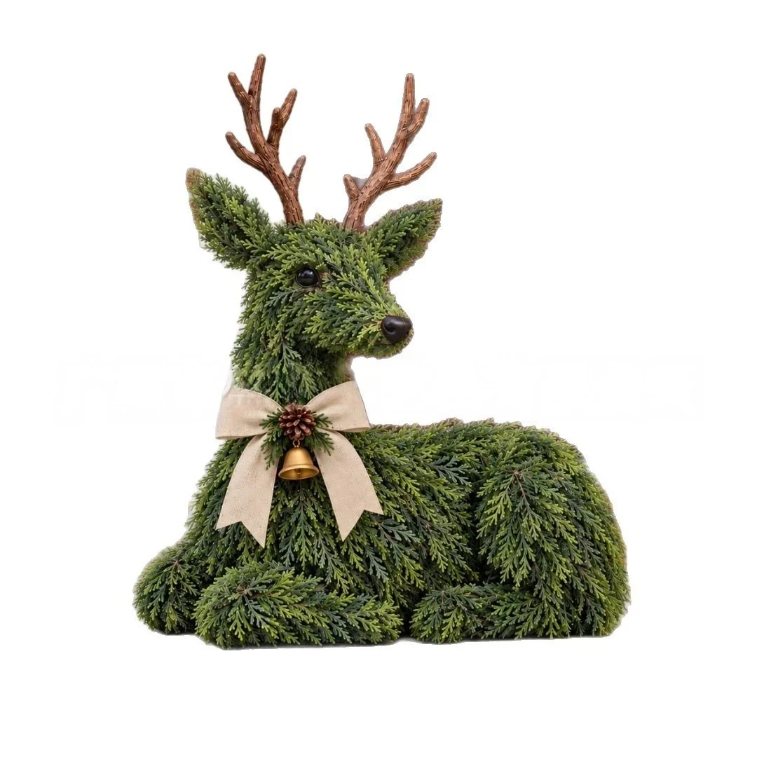Christmas reindeer styled on a festive porch with decorative lights