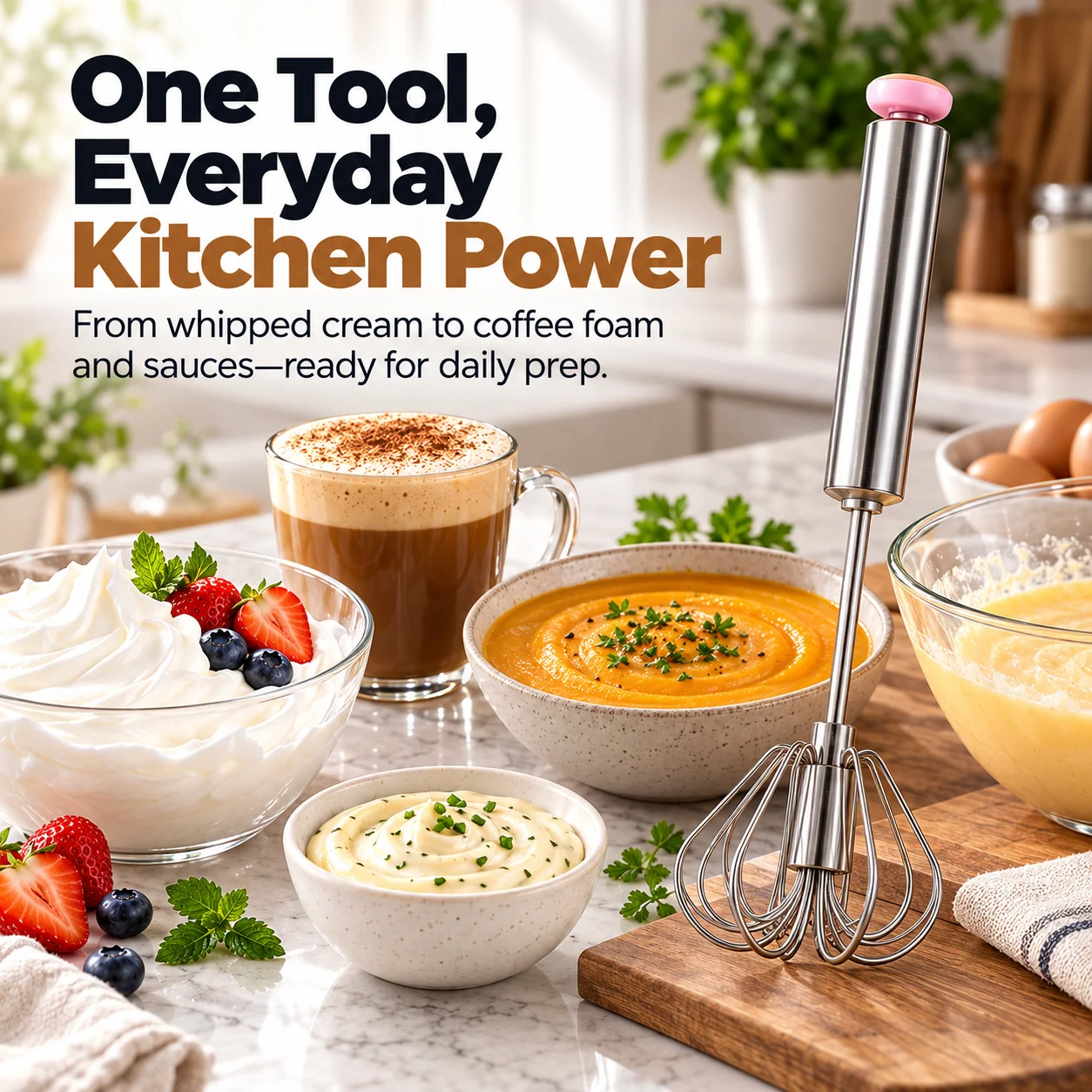 3-in-1 stainless steel push whisk with coffee, cream, eggs and sauces