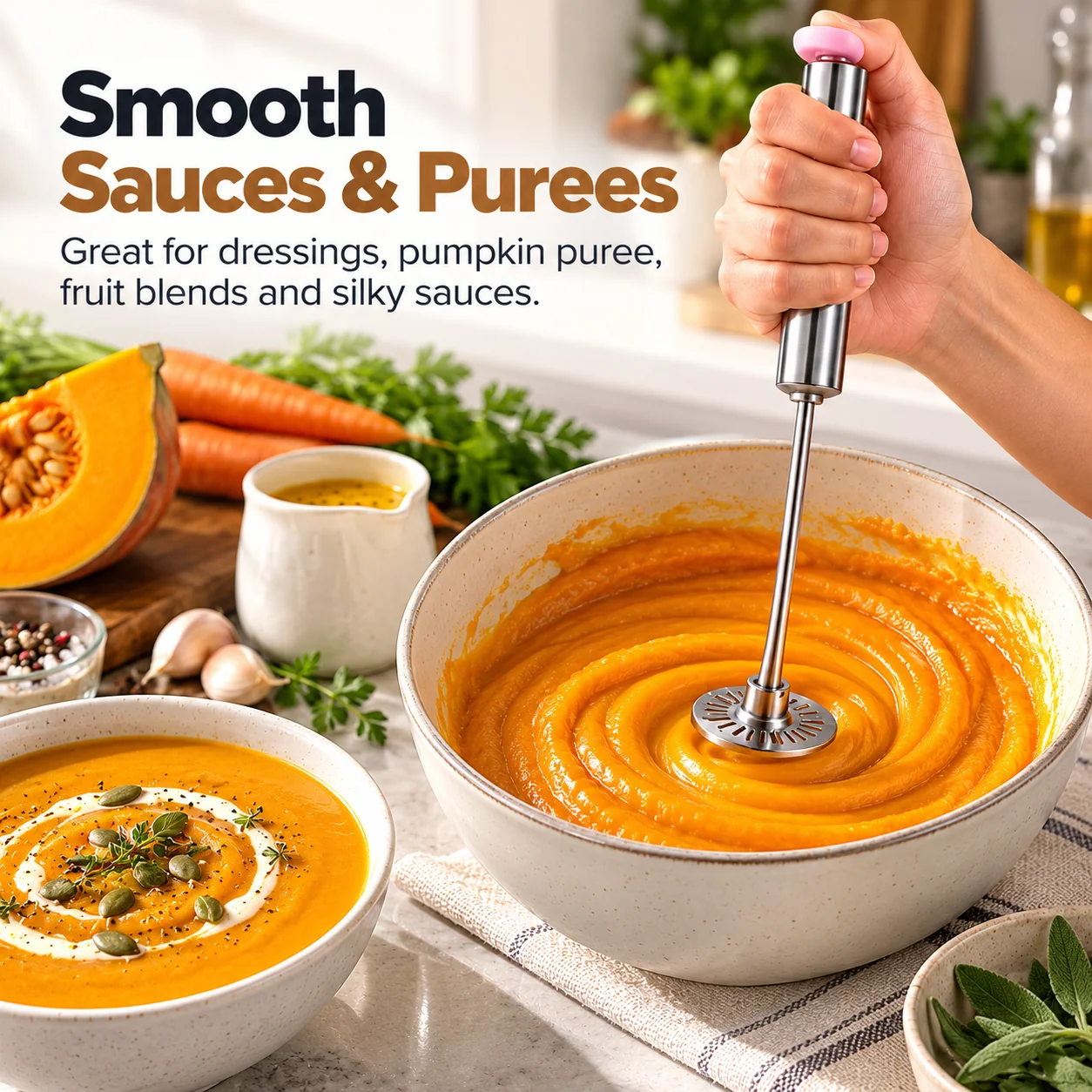 Push whisk used for creamy sauces and blended mixtures