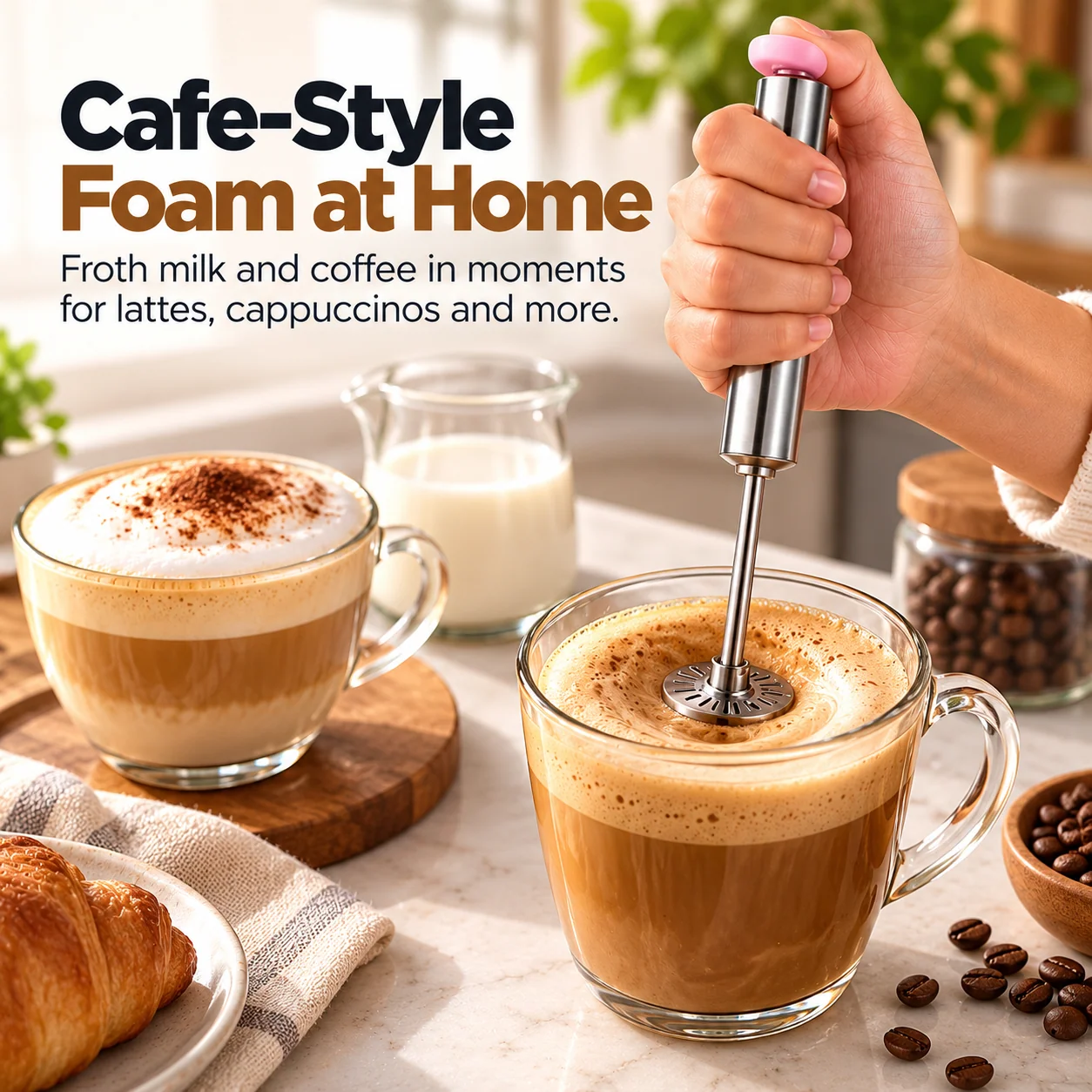 Hand push whisk creating foam for a coffee drink