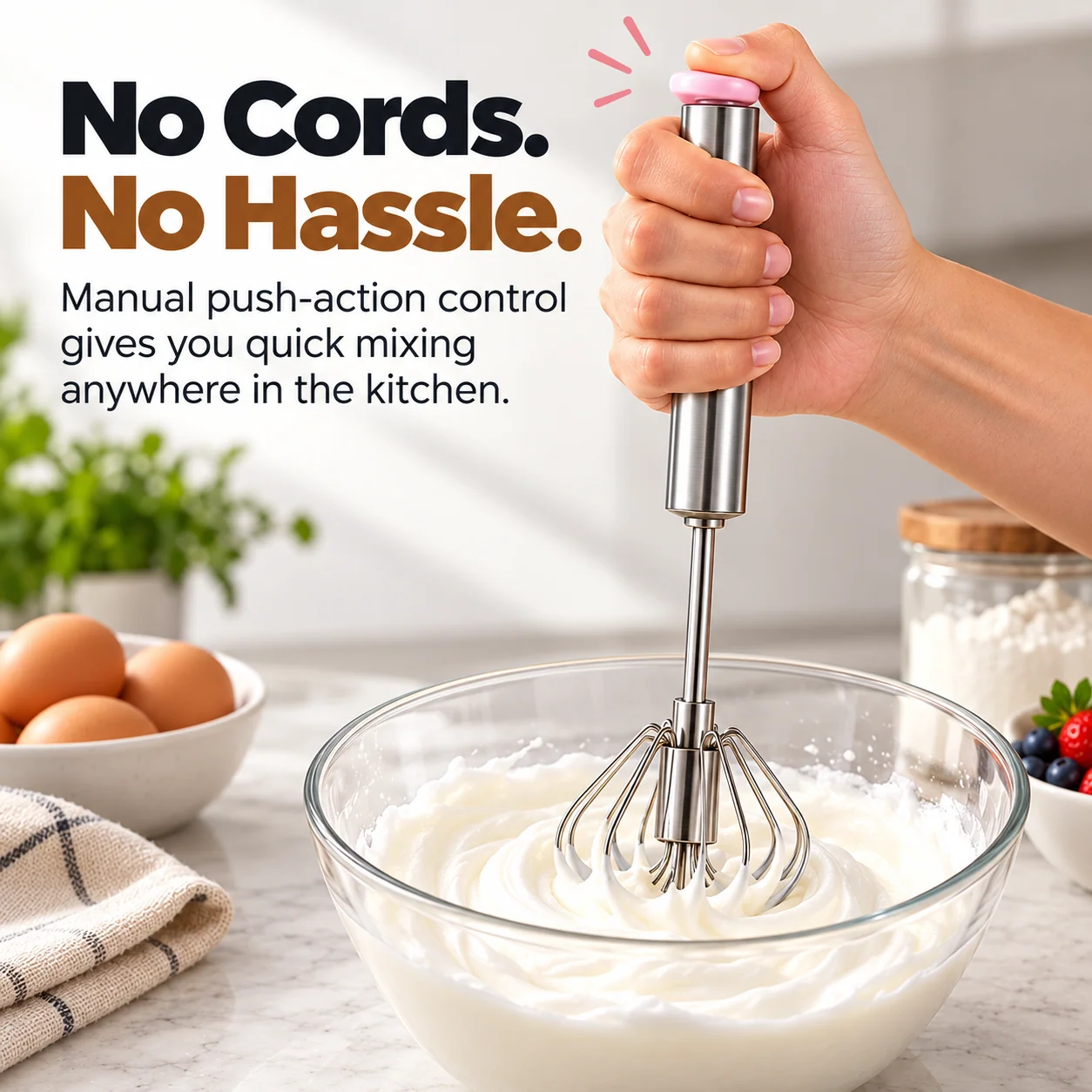 Manual push-button whisk operated by hand without a power cord